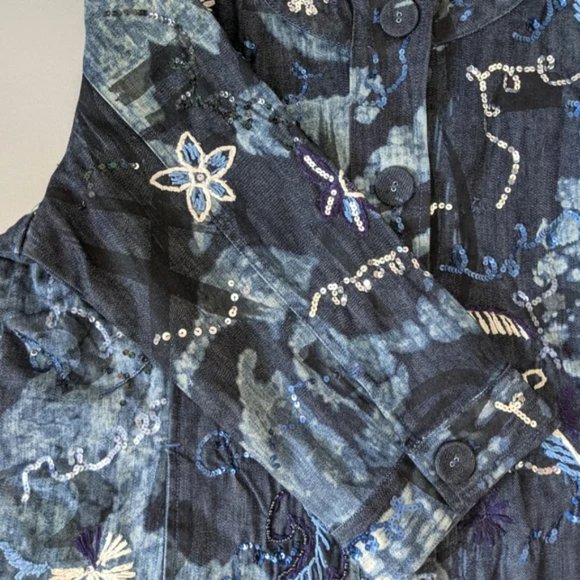 Chico's Collarless Beaded & Embroidered Denim Jacket, Blue / White, Large - Picture 6 of 14